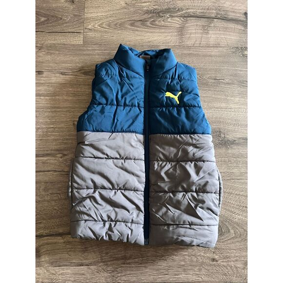 Puma Quilted Vest Kids Unisex Gray & Navy Blue Outdoor Mock Neck Size XS (5-6) - Picture 1 of 4